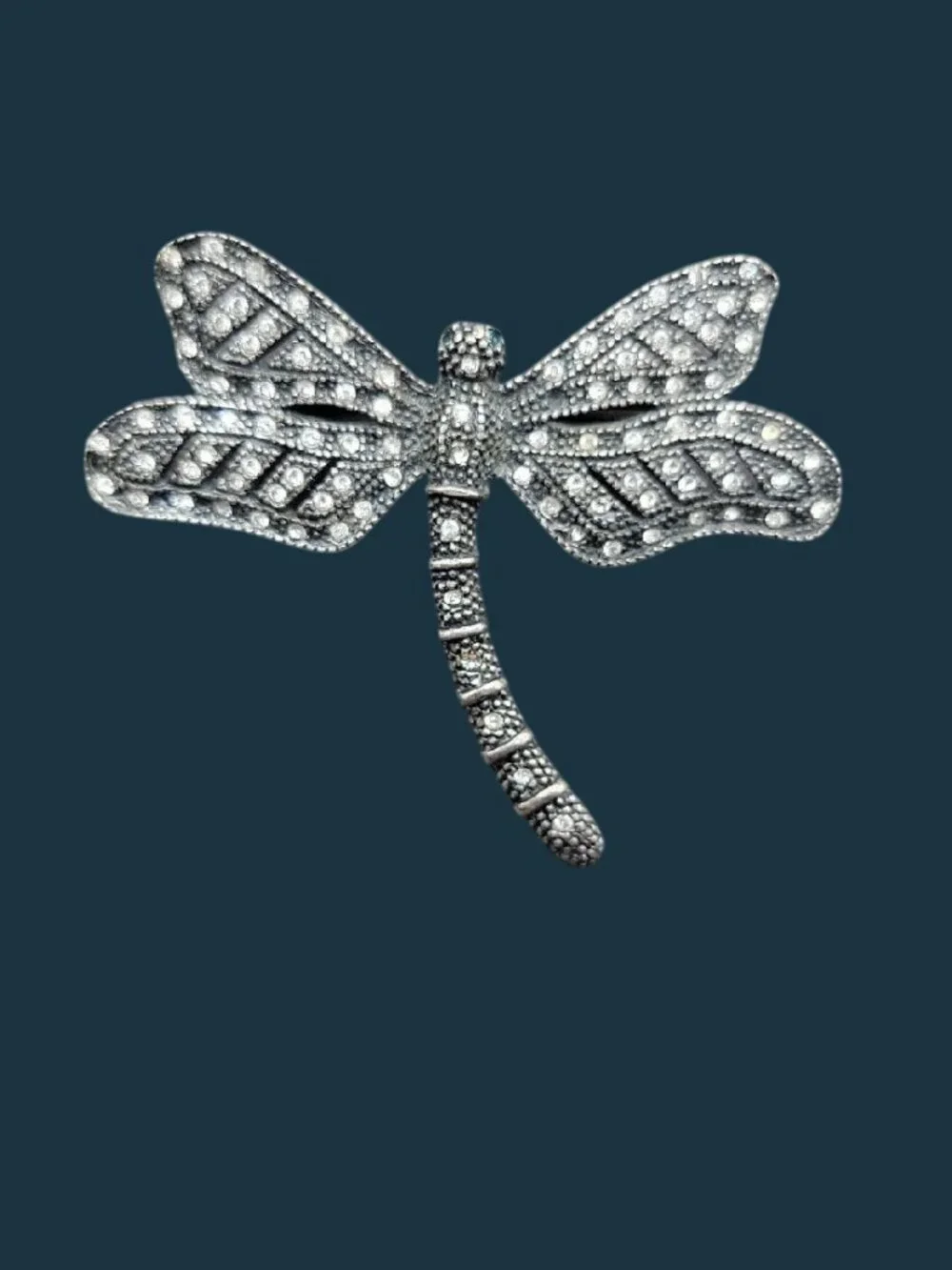 Vintage Art Deco Silvertone Marcasite Rhinestone Dragonfly Brooch Black Metal